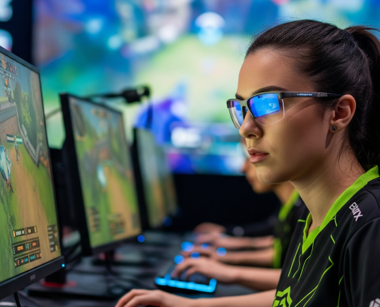 Gesundes Gaming für die eSportlerin mit HEADRX-Billdschirmbrille (KI-Bild) als Blog Titel