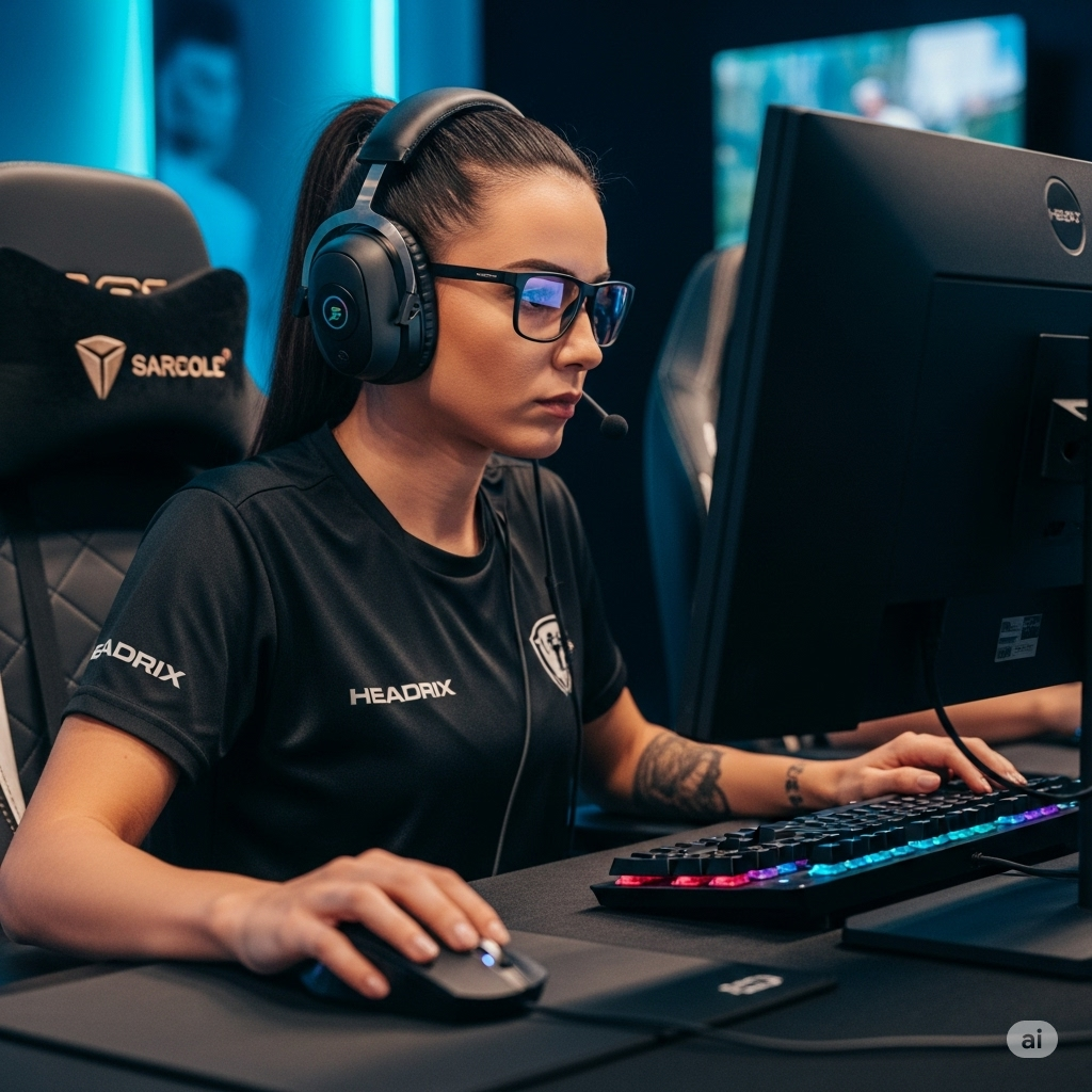 Gesundes Gaming für die eSportlerin mit HEADRX-Billdschirmbrille (KI-Bild)