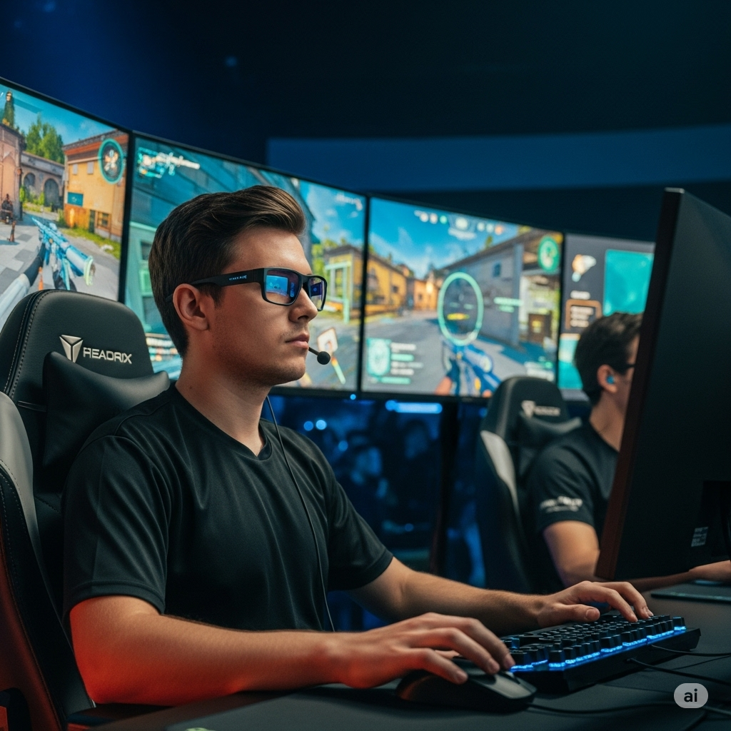 Gesundes Gaming für den eSportler mit HEADRX-Billdschirmbrille (KI-Bild)