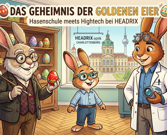 Meister Lampe mit seiner markanten HEADRIX-Brille, der kleinen Hans, der stolz seine neue Brille trägt, und Optiker Roman Hase von HEADRIX optik
