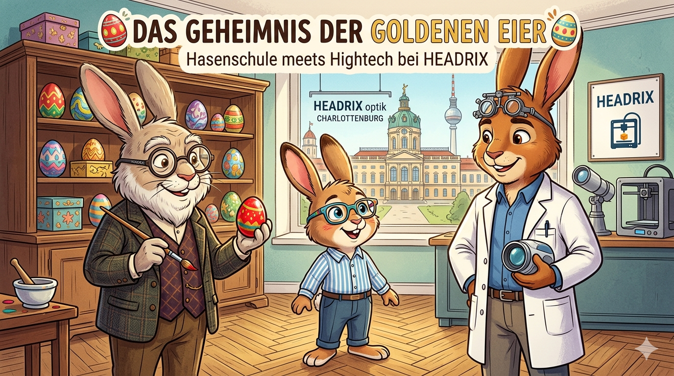 Meister Lampe mit seiner markanten HEADRIX-Brille, der kleinen Hans, der stolz seine neue Brille trägt, und Optiker Roman Hase von HEADRIX optik